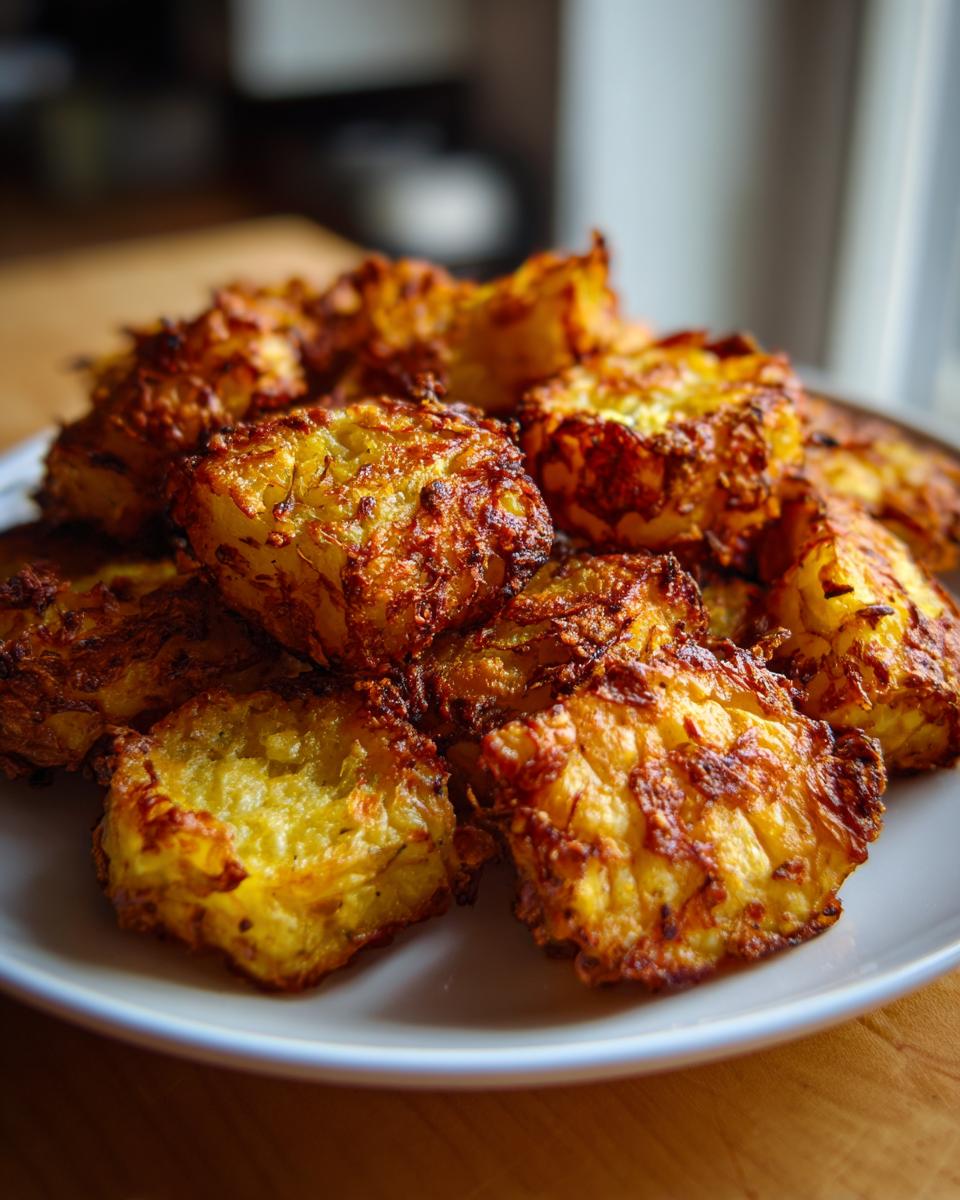 A pile of golden brown, crispy oven roasted potatoes with shredded edges served on a white plate.