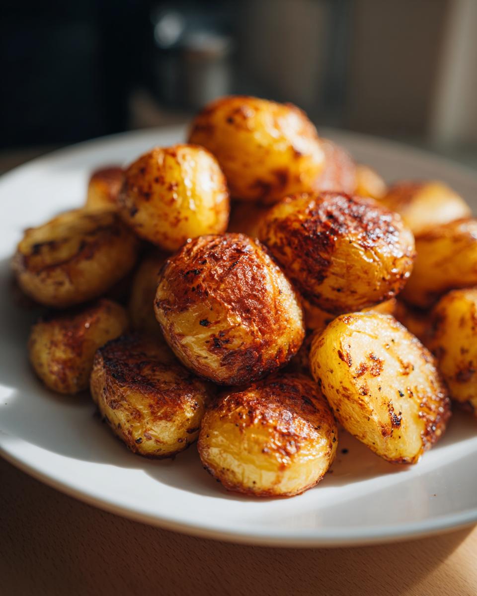A close-up of golden brown, crispy oven roasted potatoes piled high on a white plate.