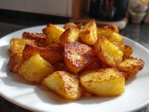 A close-up of perfectly golden and crispy oven roasted potatoes piled high on a white plate.