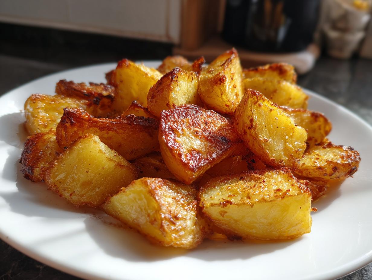A close-up of perfectly golden and crispy oven roasted potatoes piled high on a white plate.