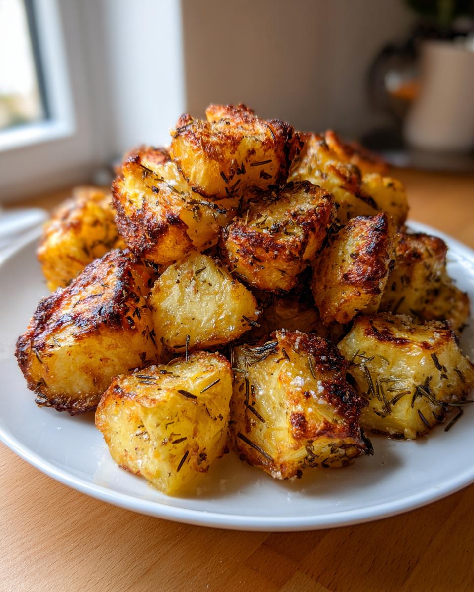 A mound of golden brown, crispy roasted potatoes seasoned with rosemary and coarse salt.