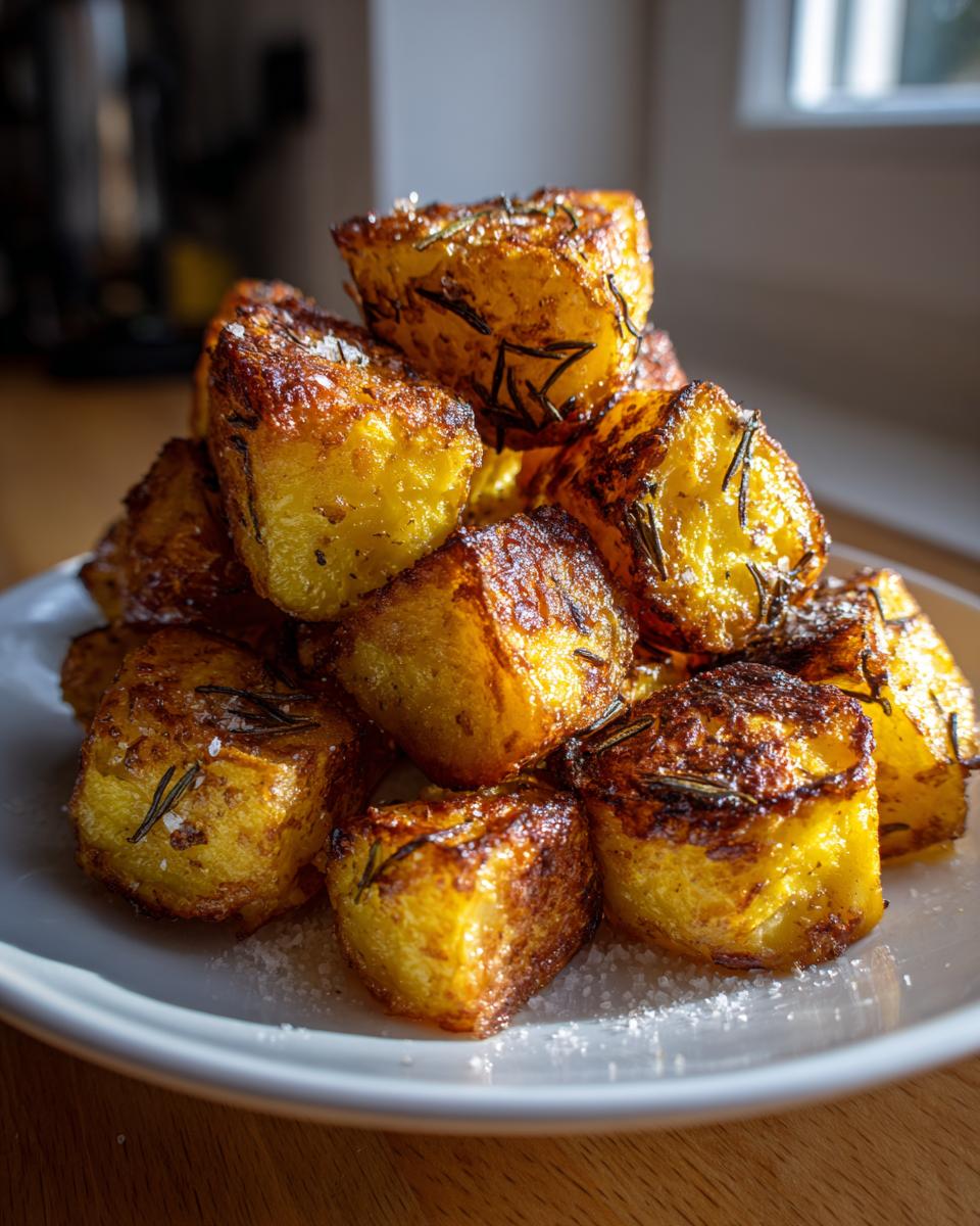 A close-up stack of golden brown, crispy roasted potatoes seasoned with rosemary and sea salt.