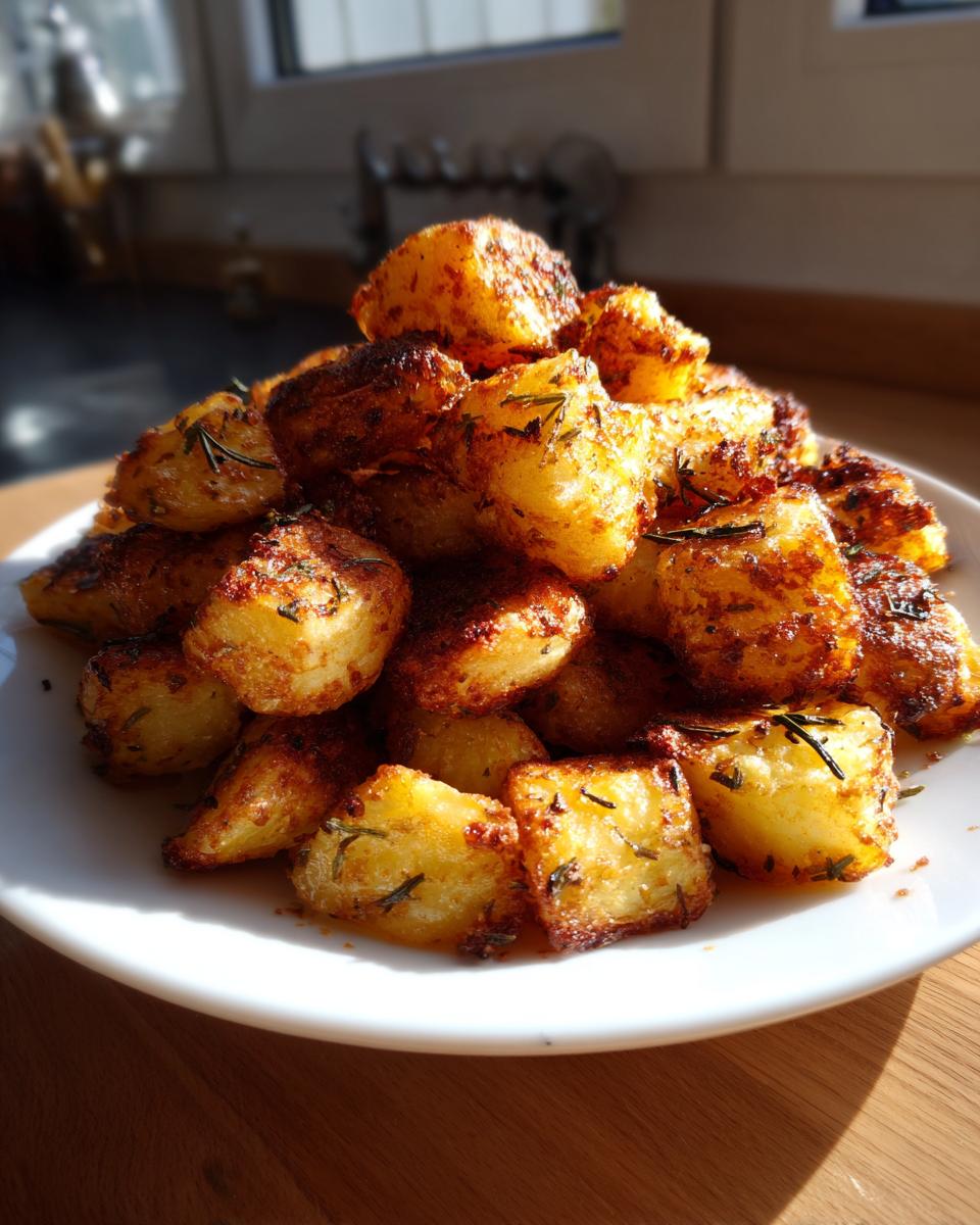 A mound of golden brown, crispy roasted potatoes seasoned with rosemary, piled high on a white plate.