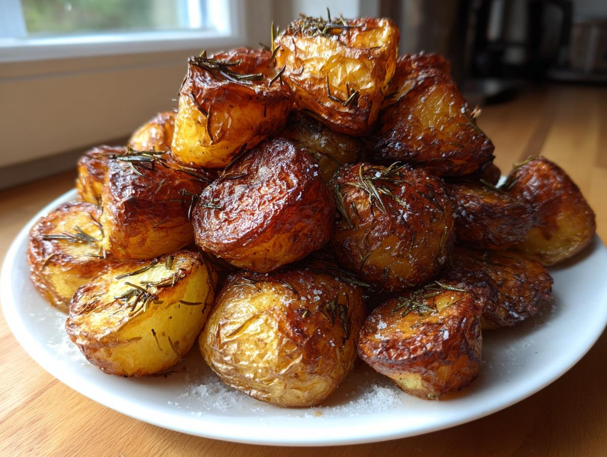 A mound of perfectly golden and crispy roasted potatoes seasoned with rosemary and coarse sea salt.