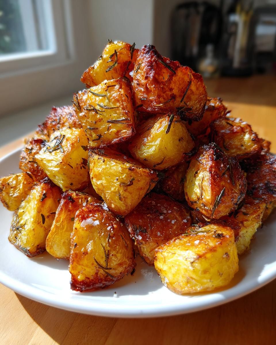 A large mound of golden brown, crispy roasted potatoes seasoned with rosemary and coarse salt.