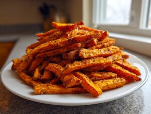 A large mound of perfectly seasoned and crispy sweet potato fries piled high on a white plate.