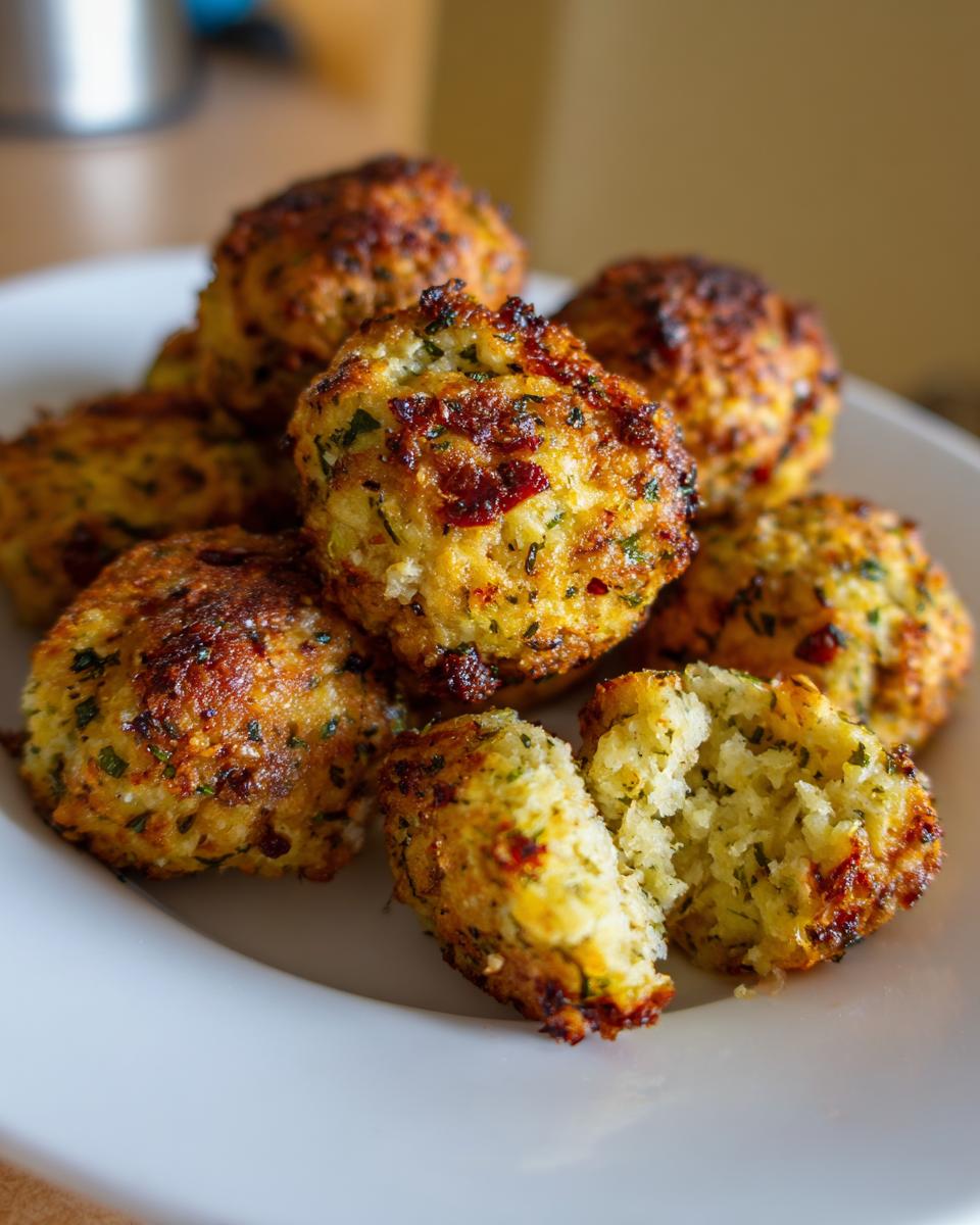 A close-up of golden-brown, crispy stuffing balls piled on a white plate, with one split open showing the soft interior.