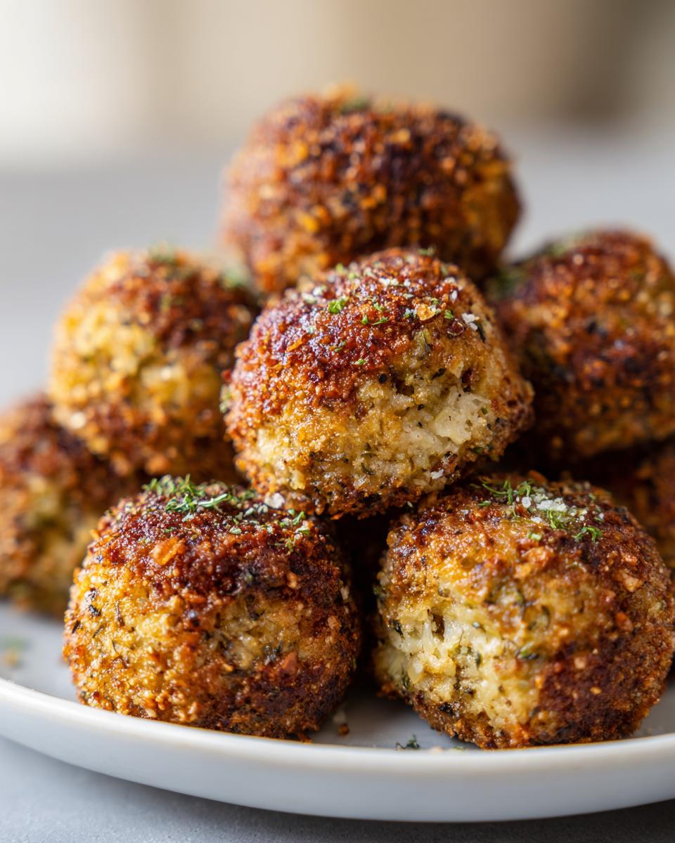 A close-up stack of golden brown, crispy stuffing balls garnished with herbs.