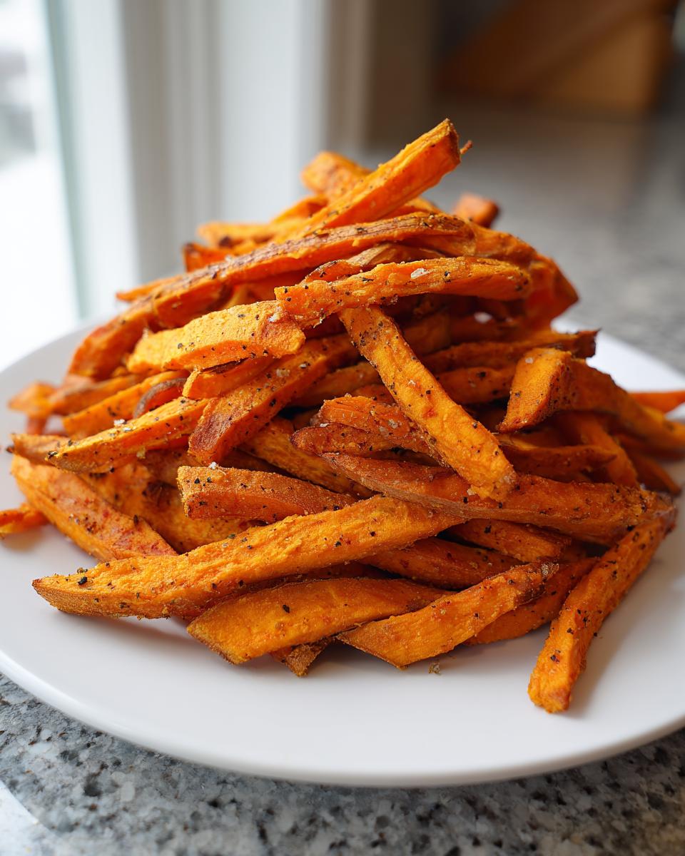 A tall mound of perfectly seasoned and crispy sweet potato fries piled high on a white plate.
