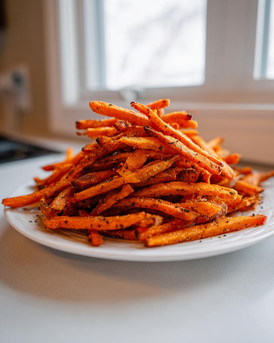 A tall mound of perfectly cooked, crispy sweet potato fries seasoned with dark spices on a white plate.