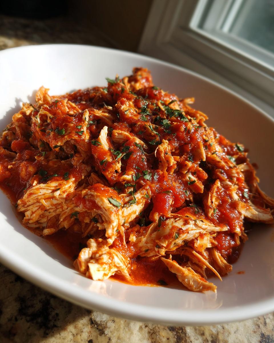 Close-up of shredded crockpot Italian chicken coated in rich tomato sauce and sprinkled with fresh parsley.