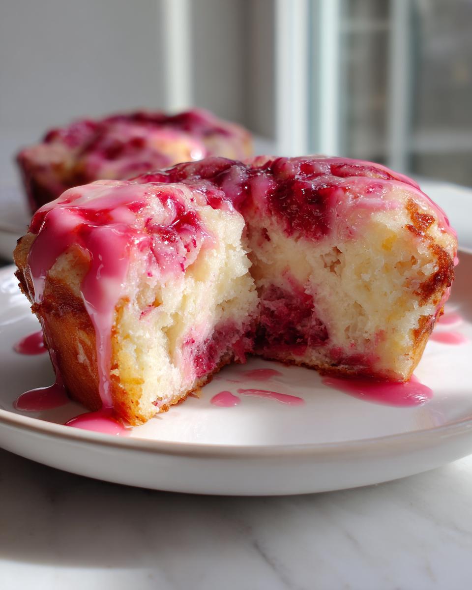 A close-up of a crumbl raspberry cheesecake cookie cut in half, showing the soft interior, raspberry filling, and pink glaze.