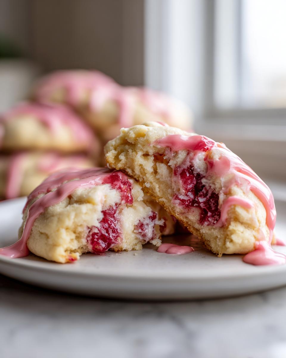 A close-up of a crumbl raspberry cheesecake cookie cut in half, showing the gooey raspberry filling and pink drizzle.