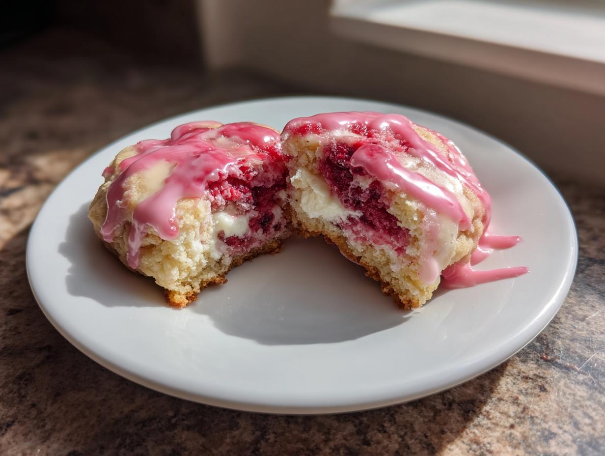 A crumbl raspberry cheesecake cookie cut in half showing the raspberry filling and cheesecake center.