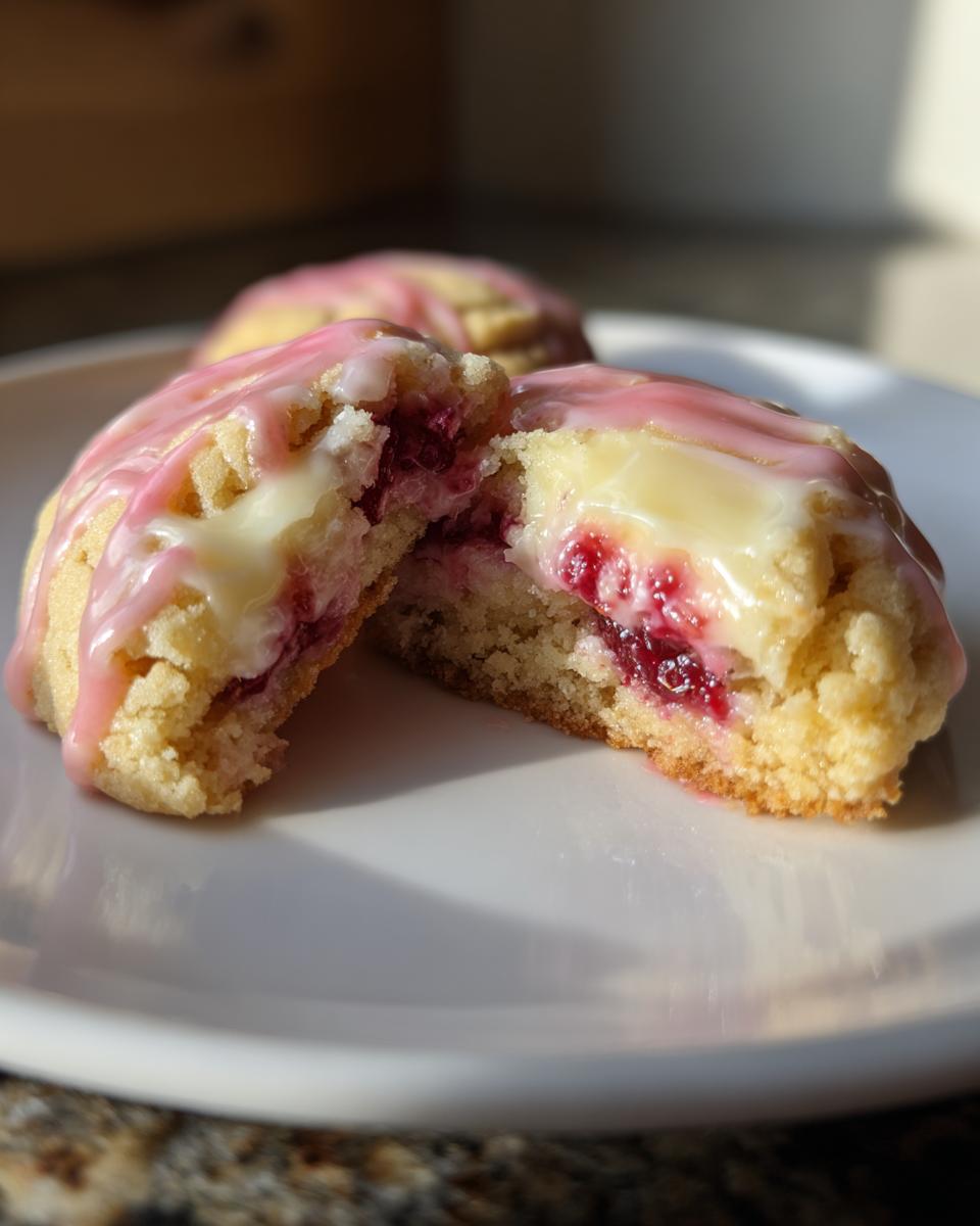 A close-up of a crumbl raspberry cheesecake cookie cut in half, showing the creamy filling and raspberry center.