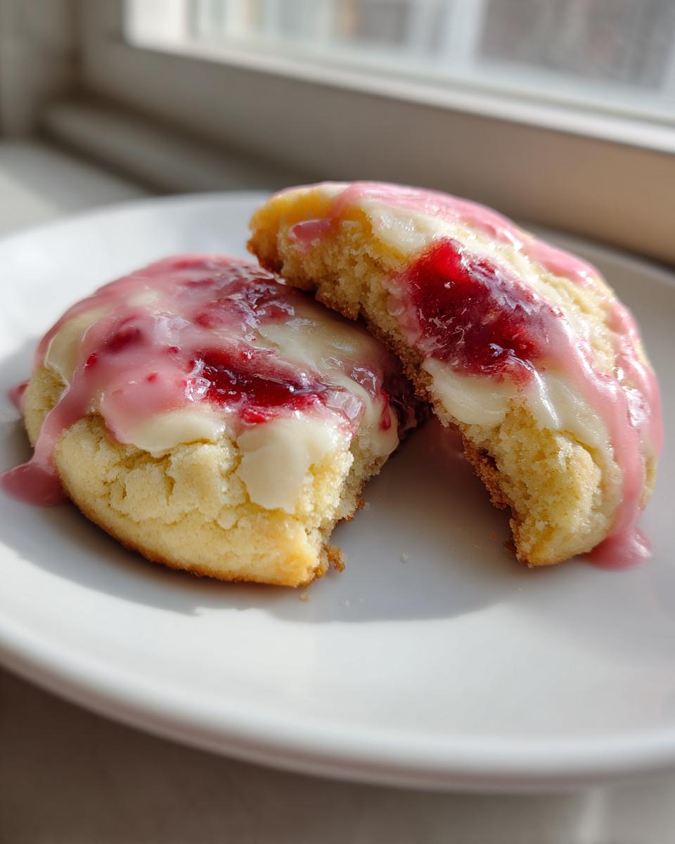 Two halves of a soft crumbl raspberry cheesecake cookie showing the thick cheesecake frosting and raspberry swirl.