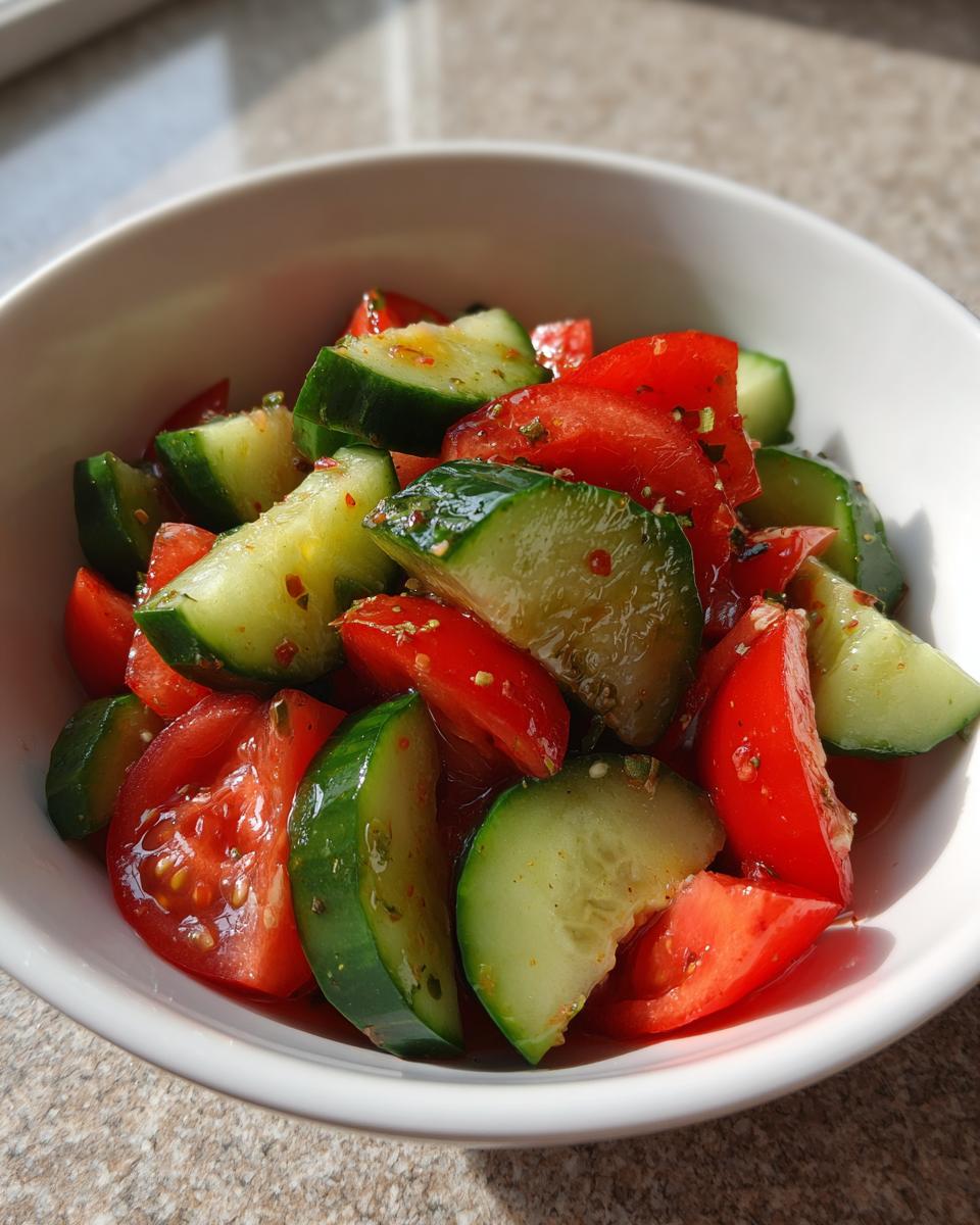 Close-up of a white bowl filled with freshly cut cucumber tomato salad, lightly dressed with herbs and spices.
