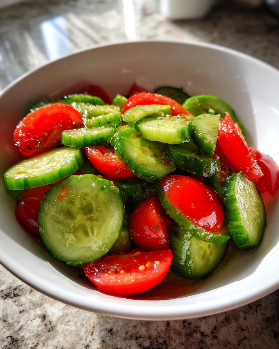 Close-up of a vibrant cucumber tomato salad with sliced cucumbers and cherry tomatoes dressed in a light vinaigrette.