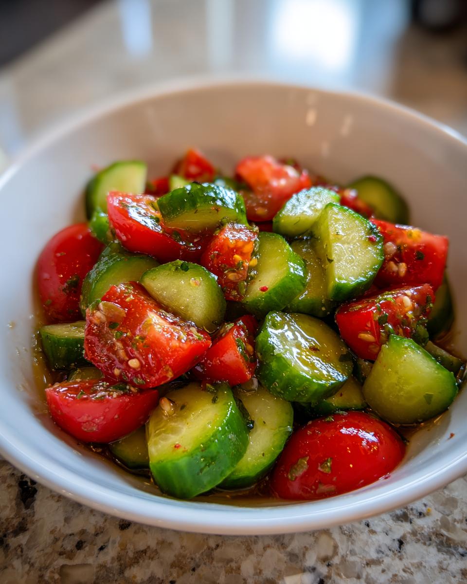 Close-up of a fresh cucumber tomato salad tossed in a light vinaigrette, served in a white bowl.