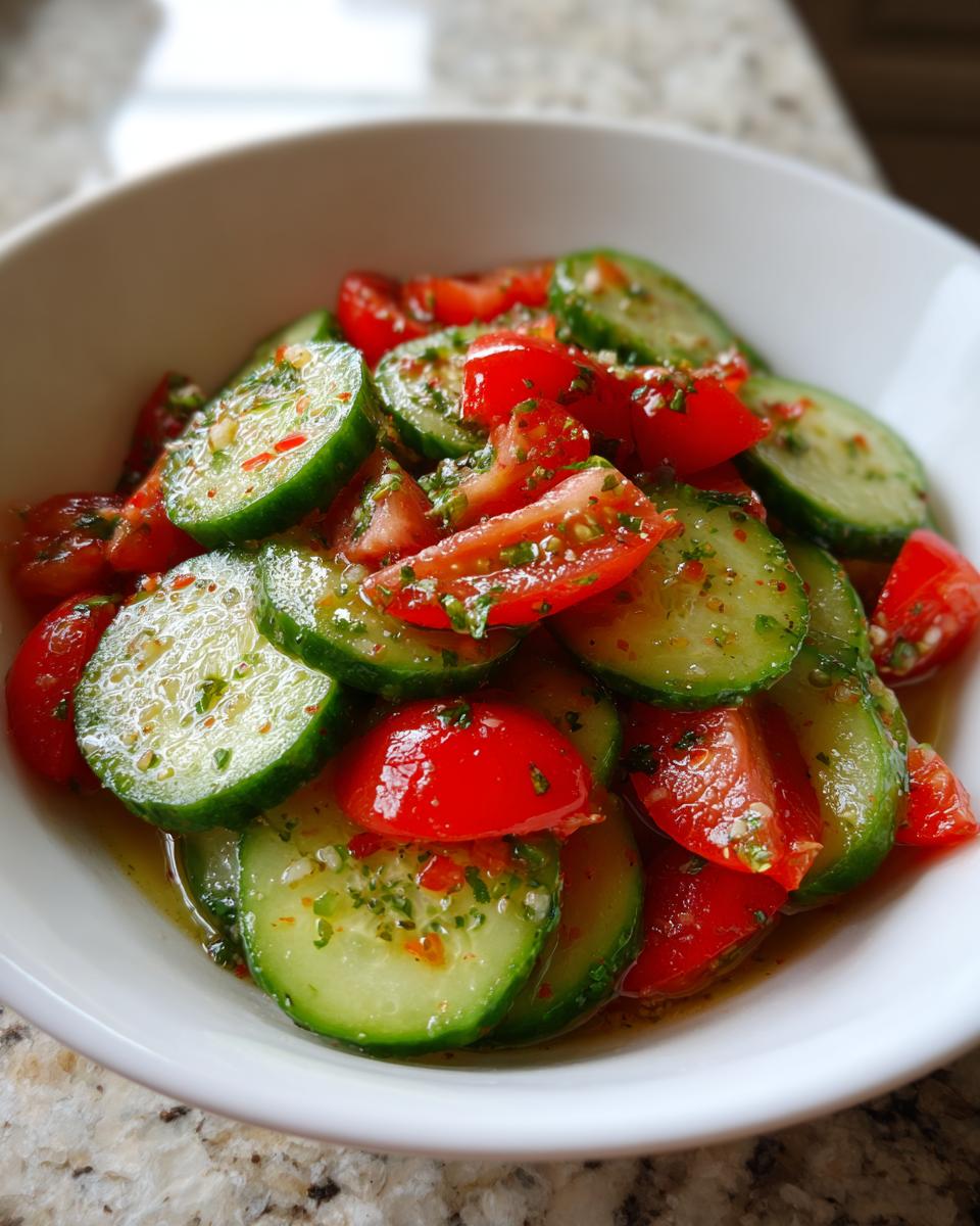Close-up of a fresh cucumber tomato salad tossed in a light vinaigrette with herbs, served in a white bowl.