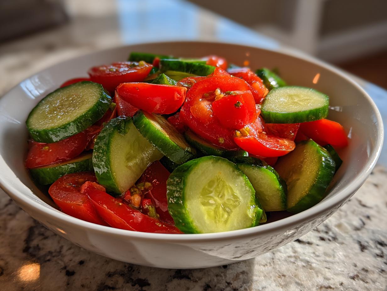 Close-up of a vibrant cucumber tomato salad featuring thick slices of cucumber and halved cherry tomatoes in a white bowl.