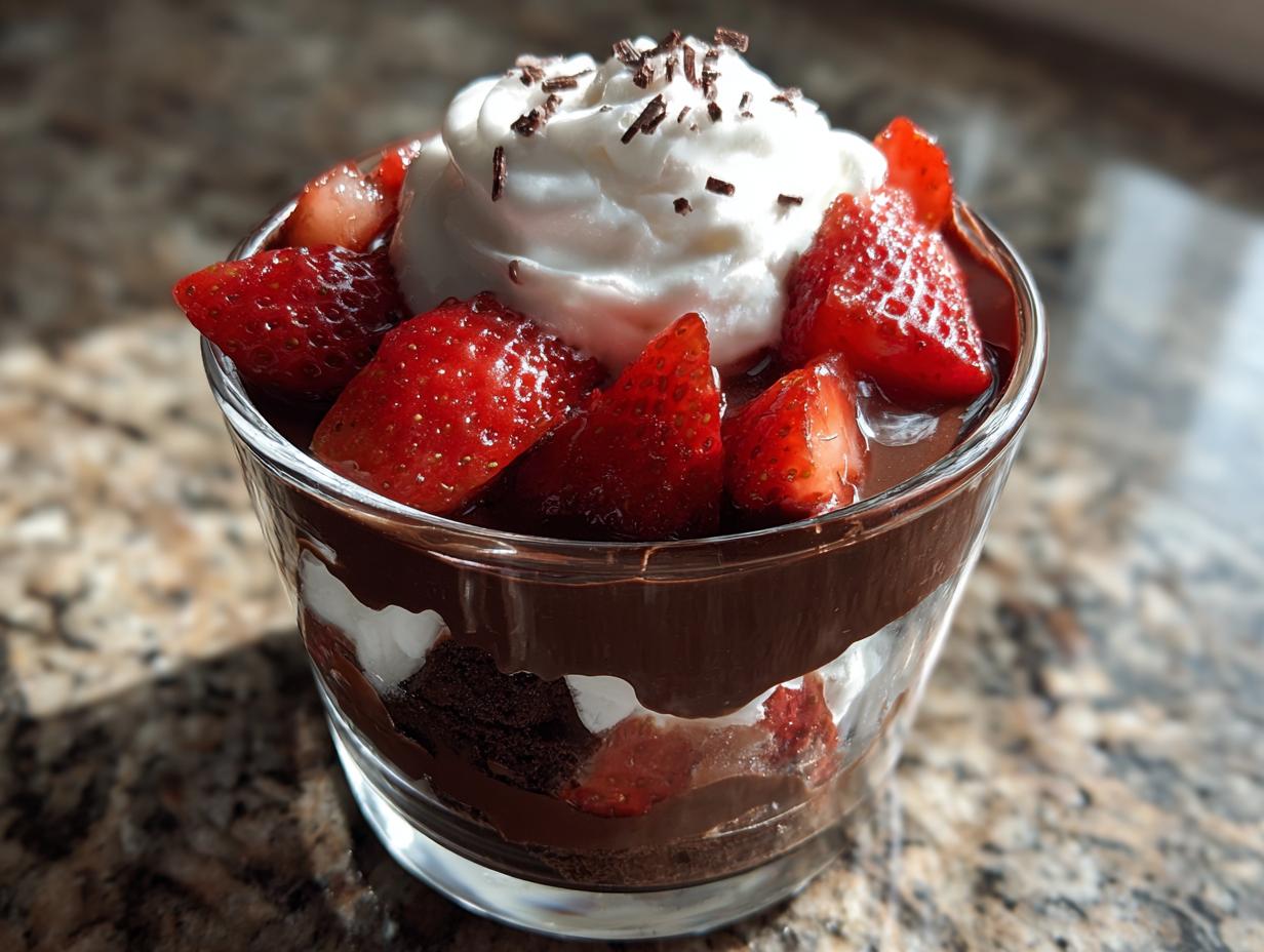 A layered dubai chocolate strawberry cup dessert topped with whipped cream and chocolate shavings.