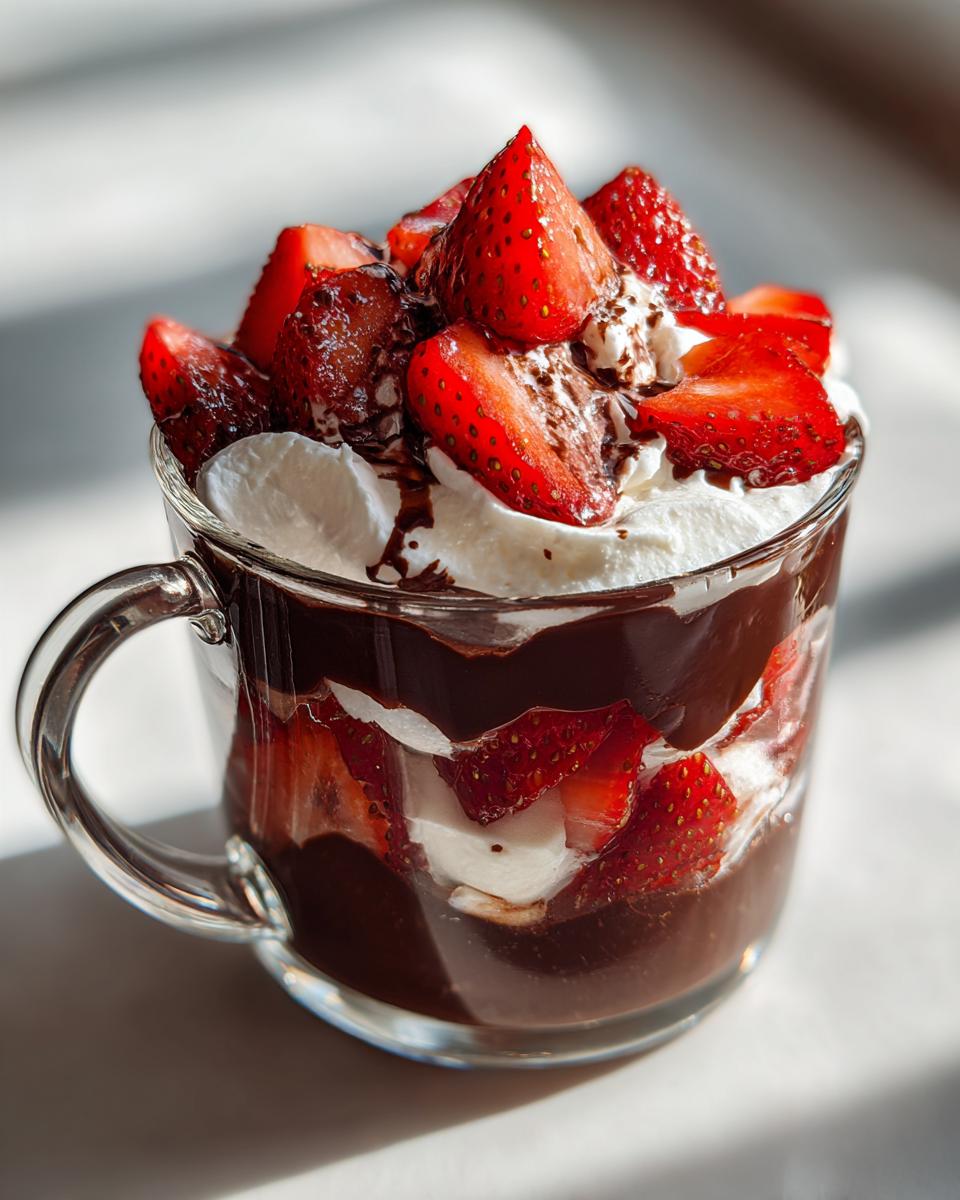 Close-up of a decadent dubai chocolate strawberry cup layered with chocolate pudding, cream, and fresh strawberries in a clear mug.