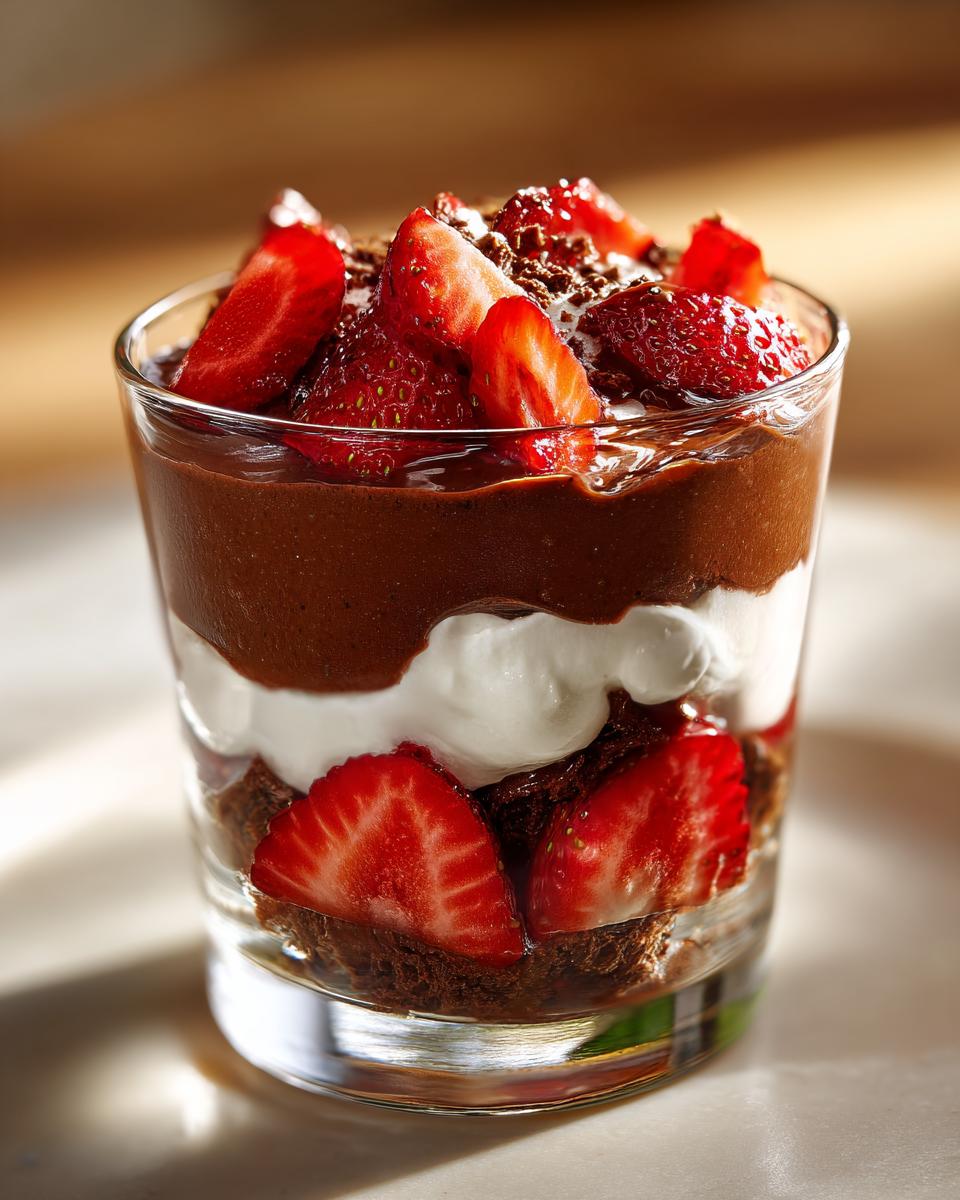 Close-up of a delicious Dubai chocolate strawberry cup layered with chocolate mousse, cream, and fresh strawberries.