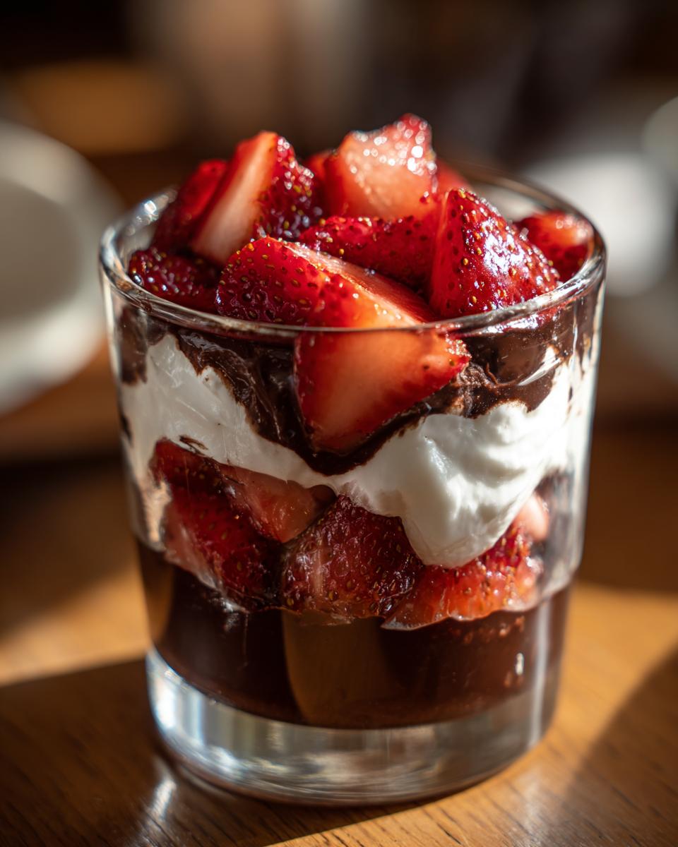 A layered dubai chocolate strawberry cup in a glass, featuring dark chocolate, whipped cream, and fresh, sliced strawberries.
