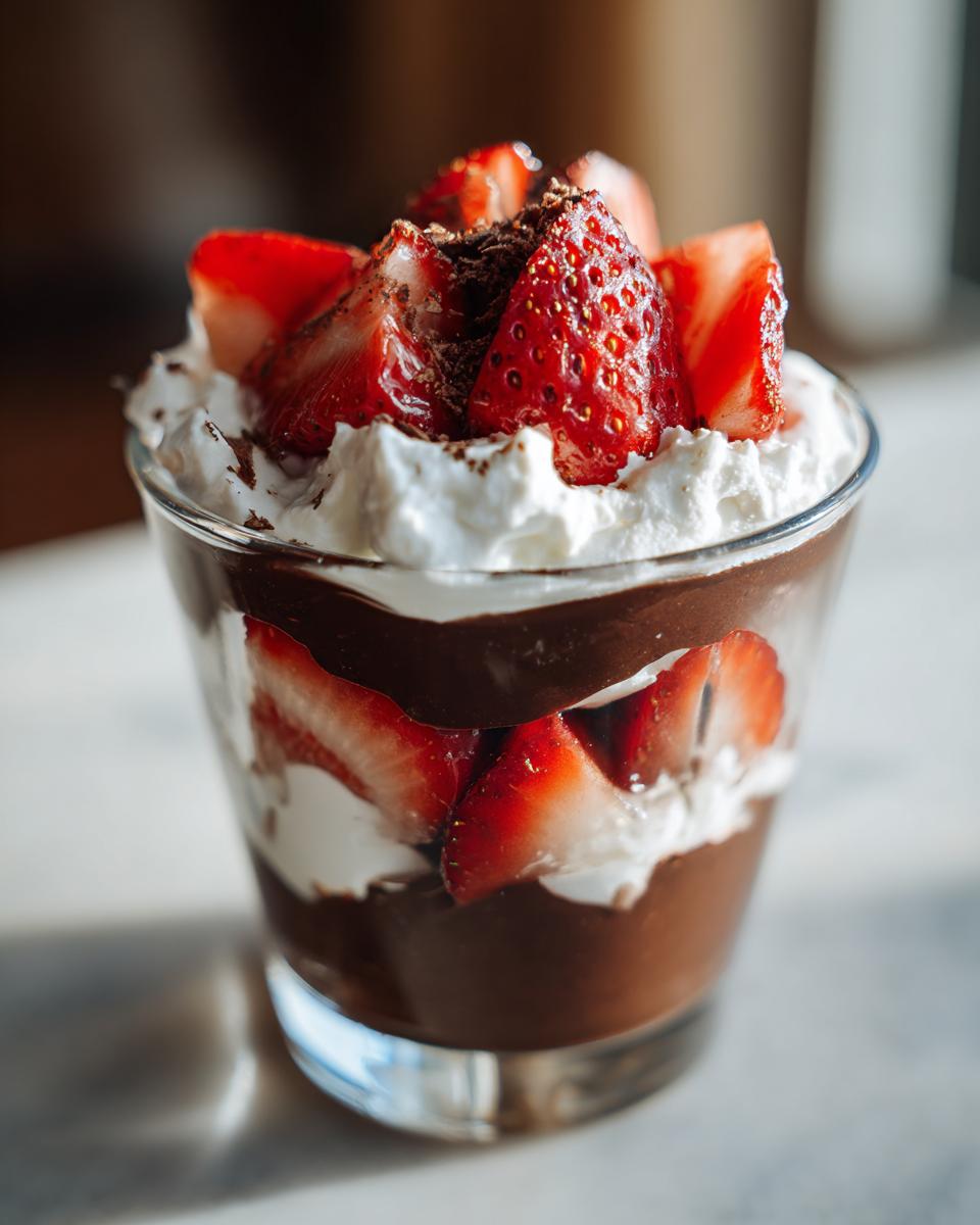Close-up of a layered dubai chocolate strawberry cup featuring rich chocolate pudding, whipped cream, and fresh sliced strawberries.