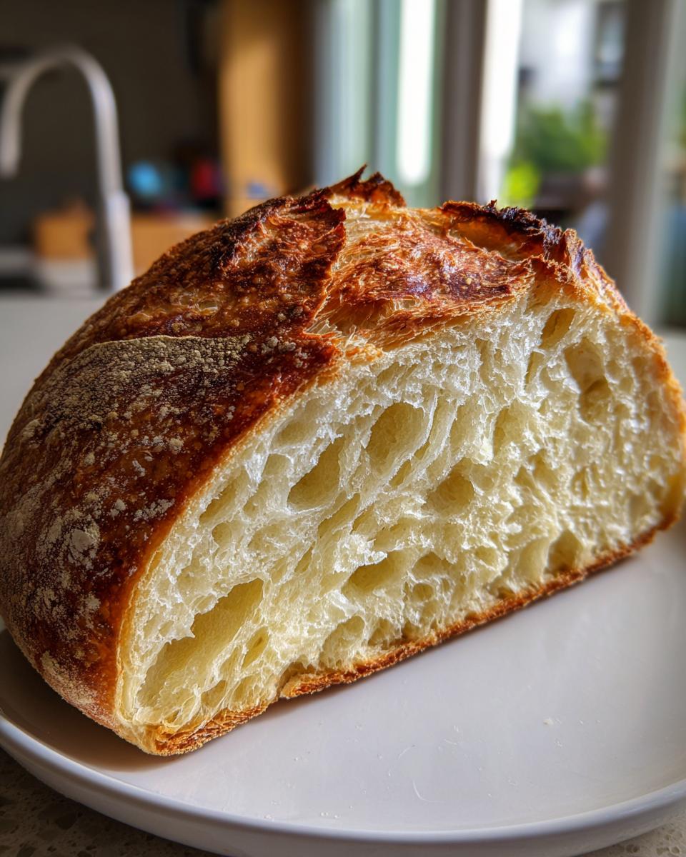 Close-up of a slice showing the open, airy crumb structure of dutch oven no knead crusty bread.