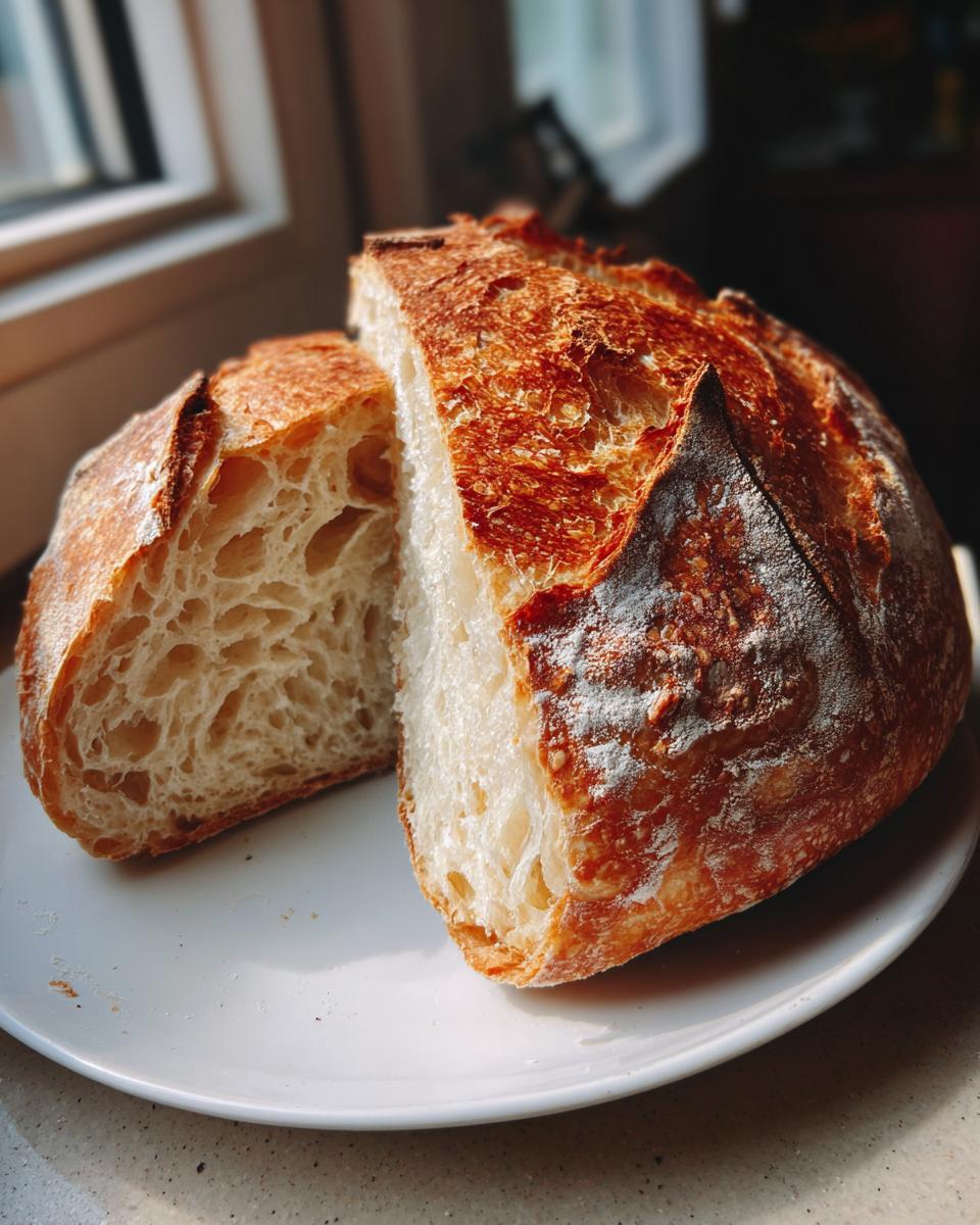 A loaf of dutch oven no knead crusty bread, sliced in half to show the open, airy crumb structure and dark crust.