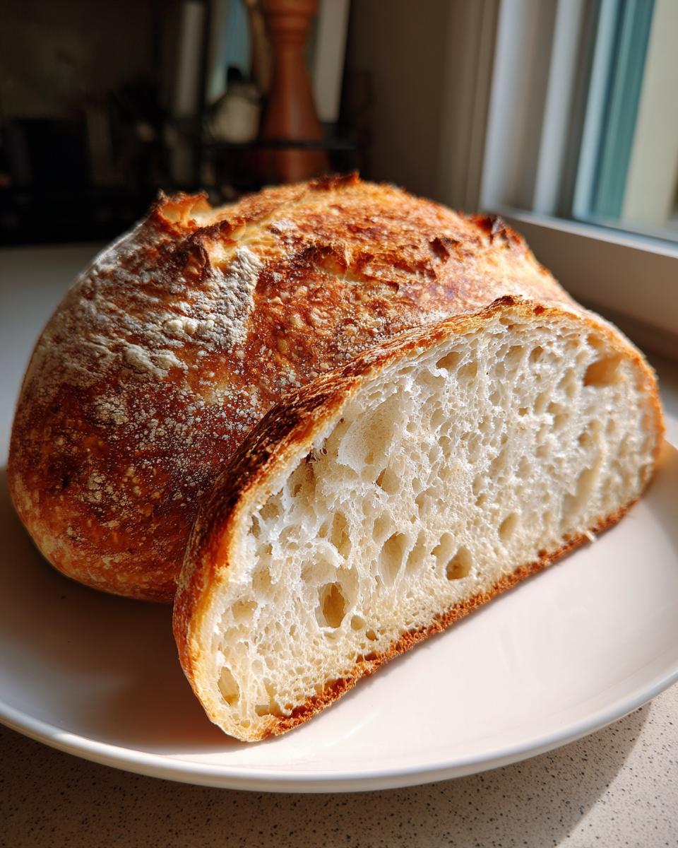 A loaf of dutch oven no knead crusty bread, sliced to show the airy, open interior crumb structure.