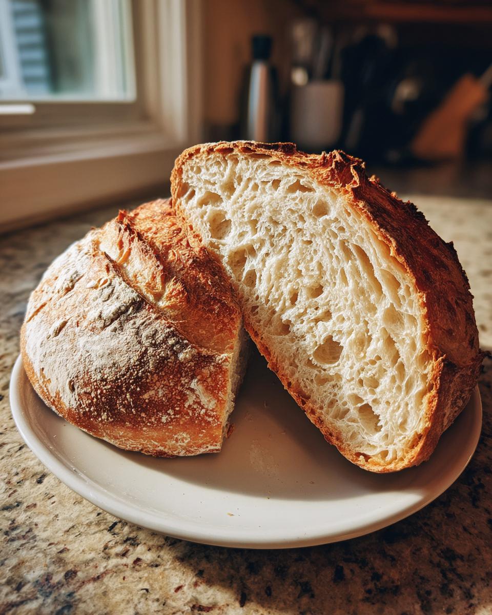 A round loaf of dutch oven no knead crusty bread, sliced in half to show the airy interior crumb.