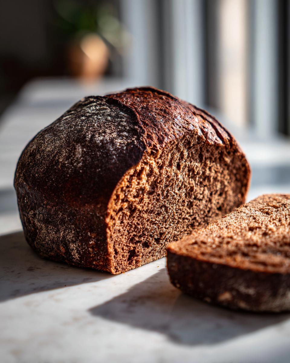 A dark, rich loaf of dutch oven pumpernickel bread, sliced open to show the dense crumb texture.