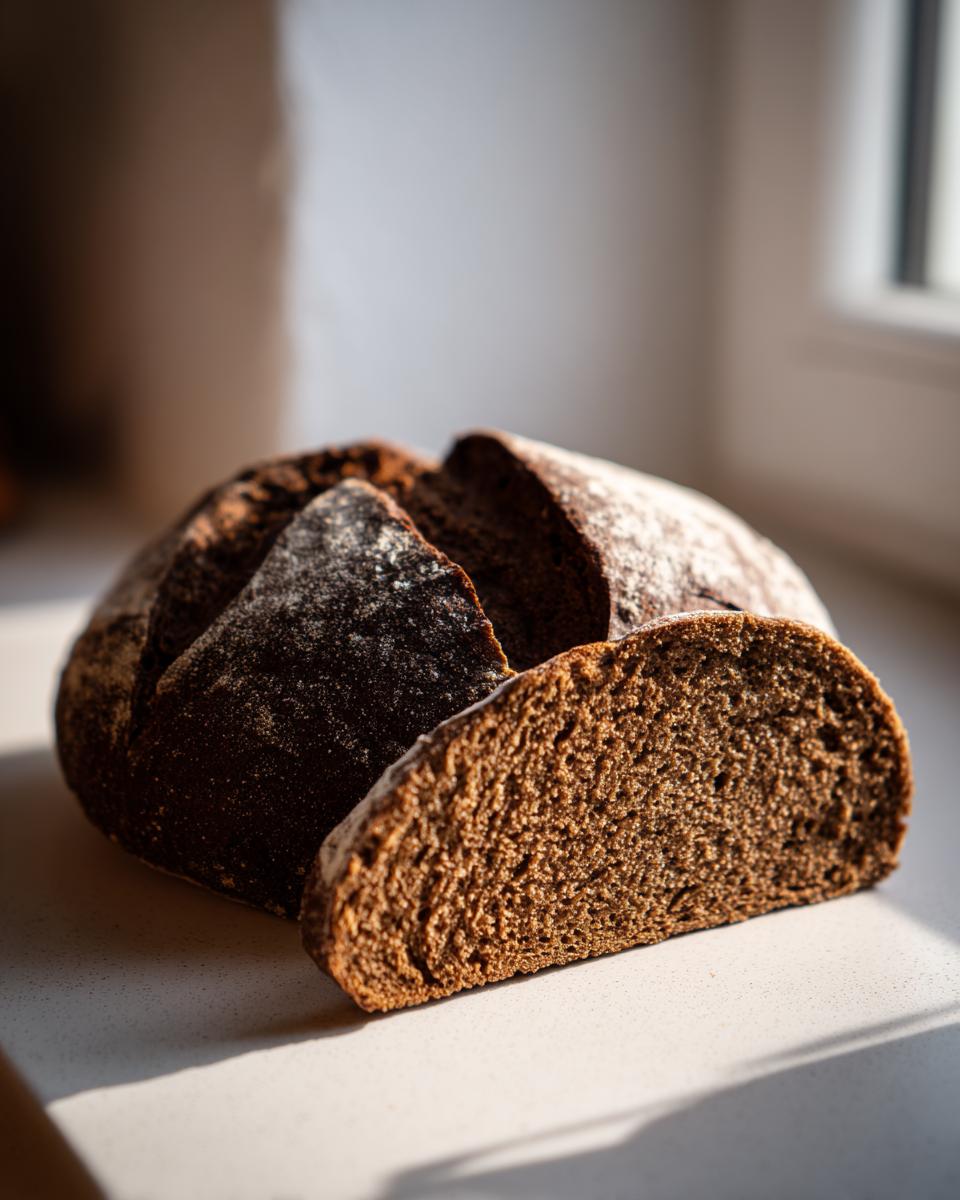 A dark, round loaf of dutch oven pumpernickel bread, partially sliced, resting on a light surface with sunlight streaming in.