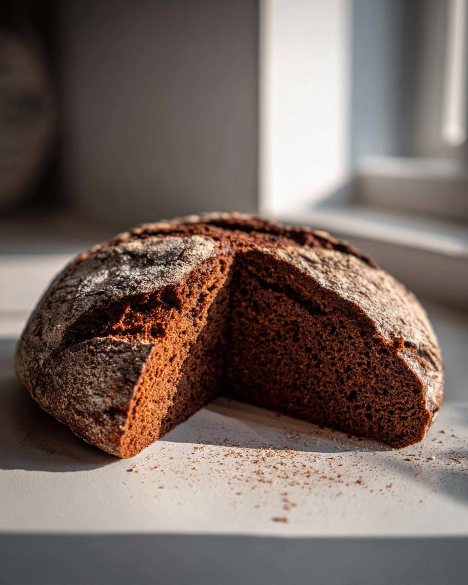 A round loaf of dark dutch oven pumpernickel bread, sliced open to show the dense crumb texture.