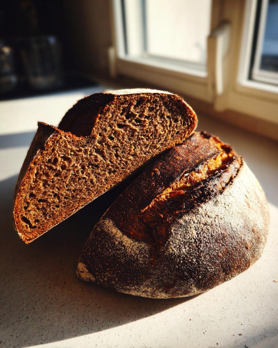 A loaf of dark dutch oven pumpernickel bread, partially sliced to show the dense, open crumb structure.