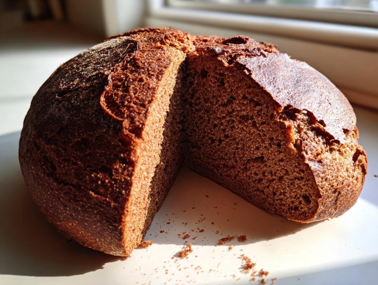 A round loaf of dark, rich dutch oven pumpernickel bread, sliced in half to show the dense crumb.