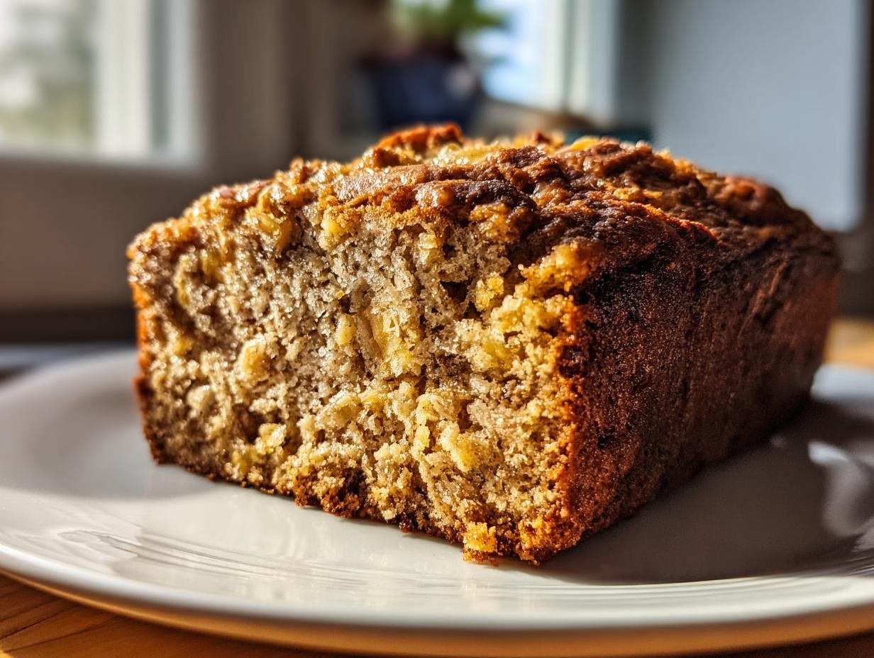 Close-up of a thick slice of moist easy oatmeal banana bread on a white plate, showing a dark, caramelized crust.