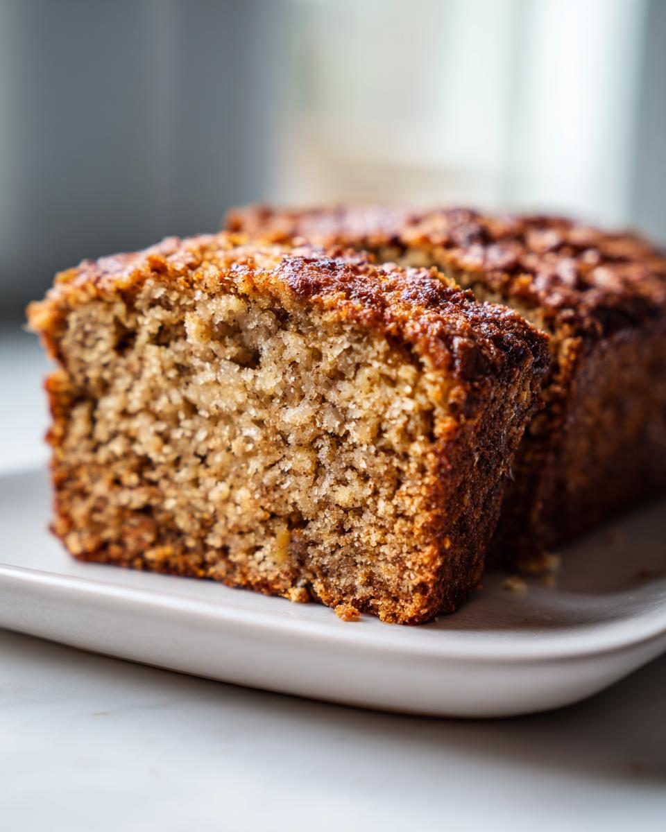 Close-up of a moist slice of easy oatmeal banana bread showing its textured crumb and golden-brown crust.