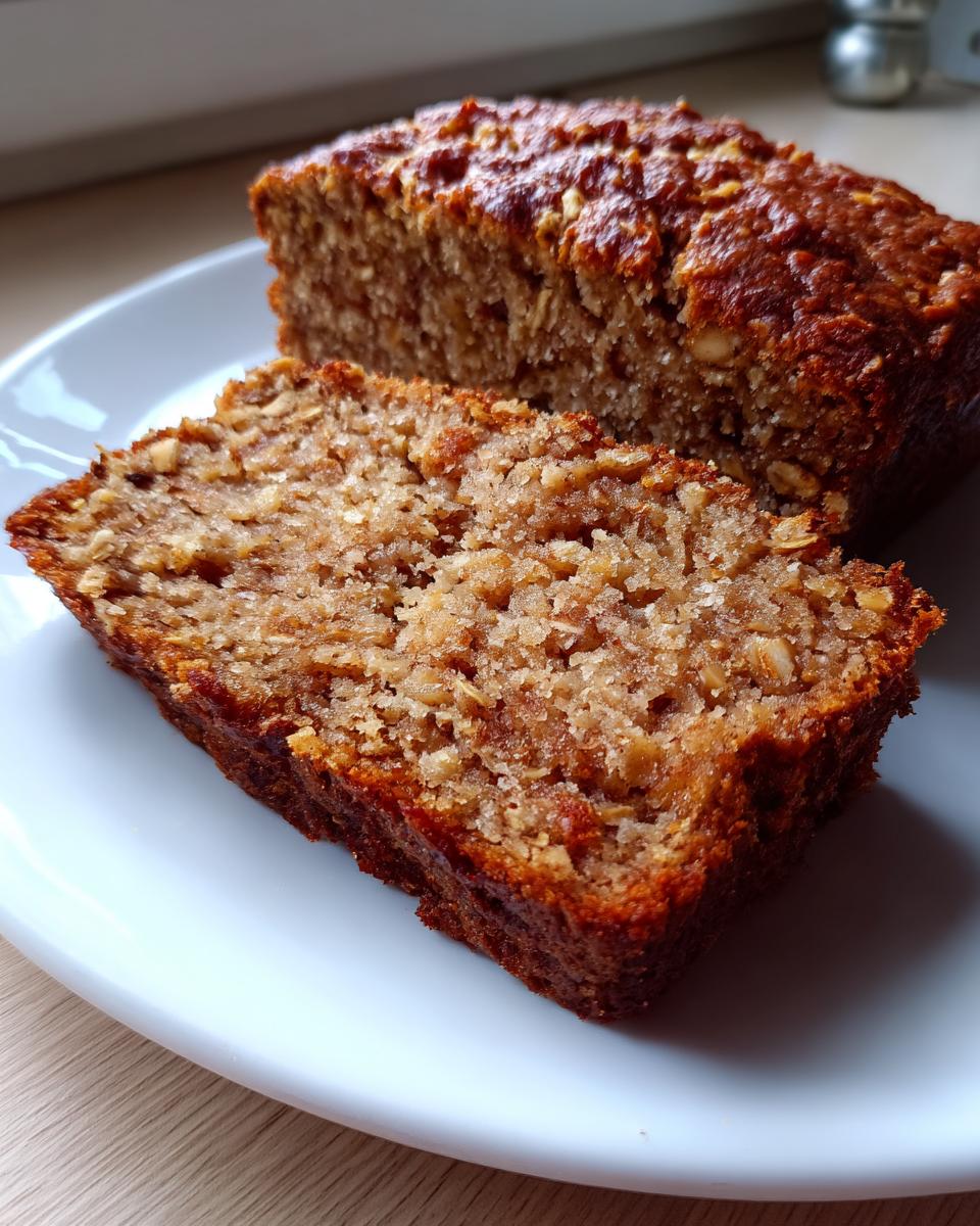 A close-up of a moist slice of easy oatmeal banana bread, showing the texture with visible oats, next to the rest of the loaf.