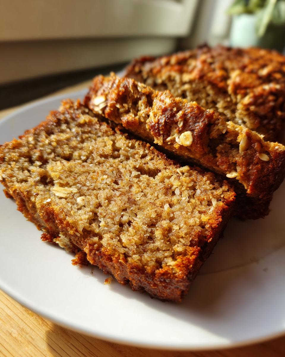 Close-up of two thick slices of moist easy oatmeal banana bread showing oats baked into the crust.