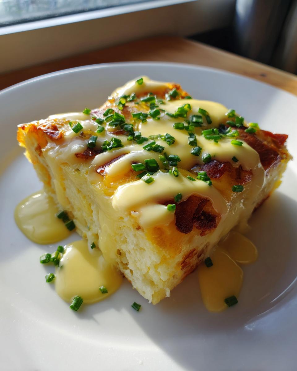 A square slice of eggs benedict casserole topped with rich hollandaise sauce and fresh chopped chives.