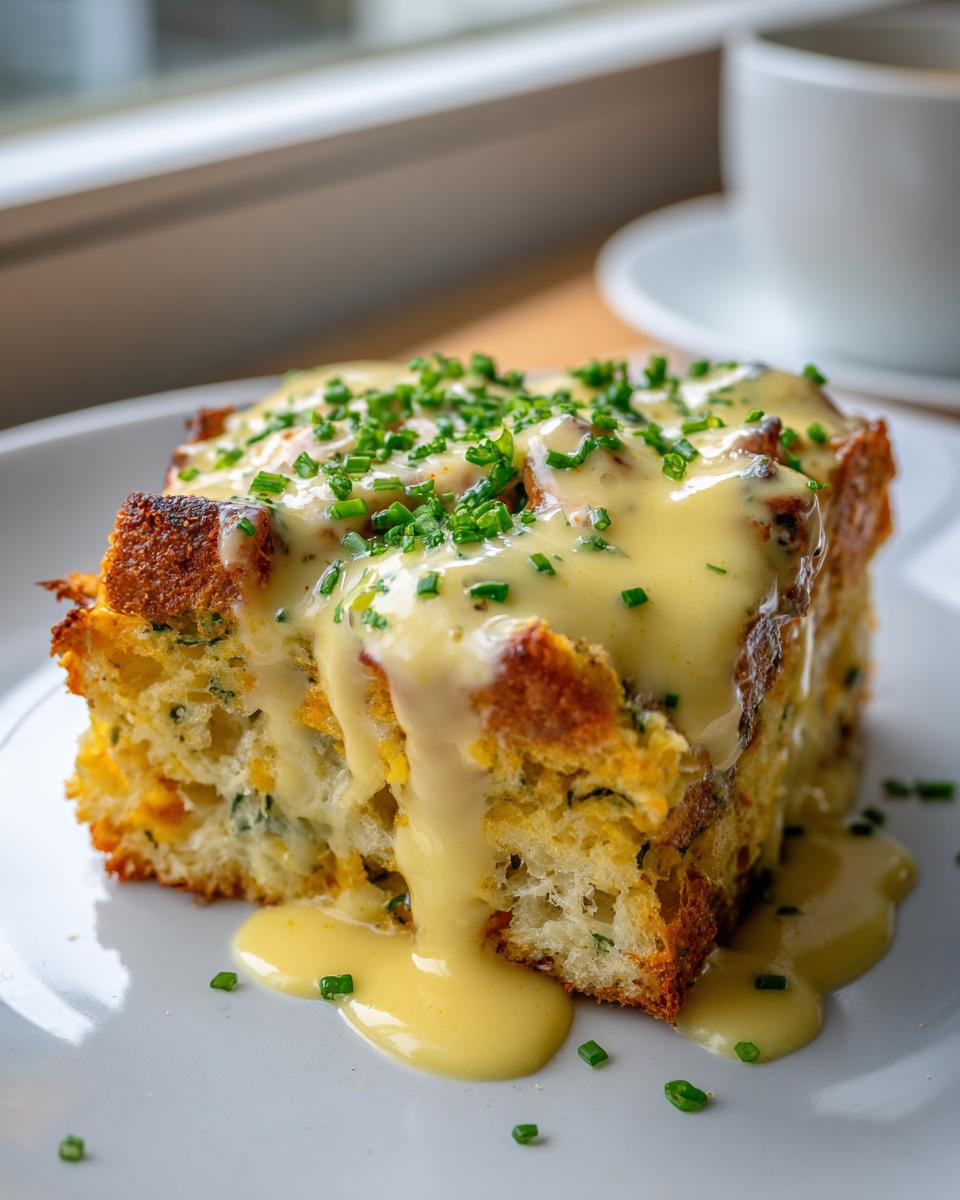 A close-up of a square serving of eggs benedict casserole topped with rich hollandaise sauce and fresh chives.