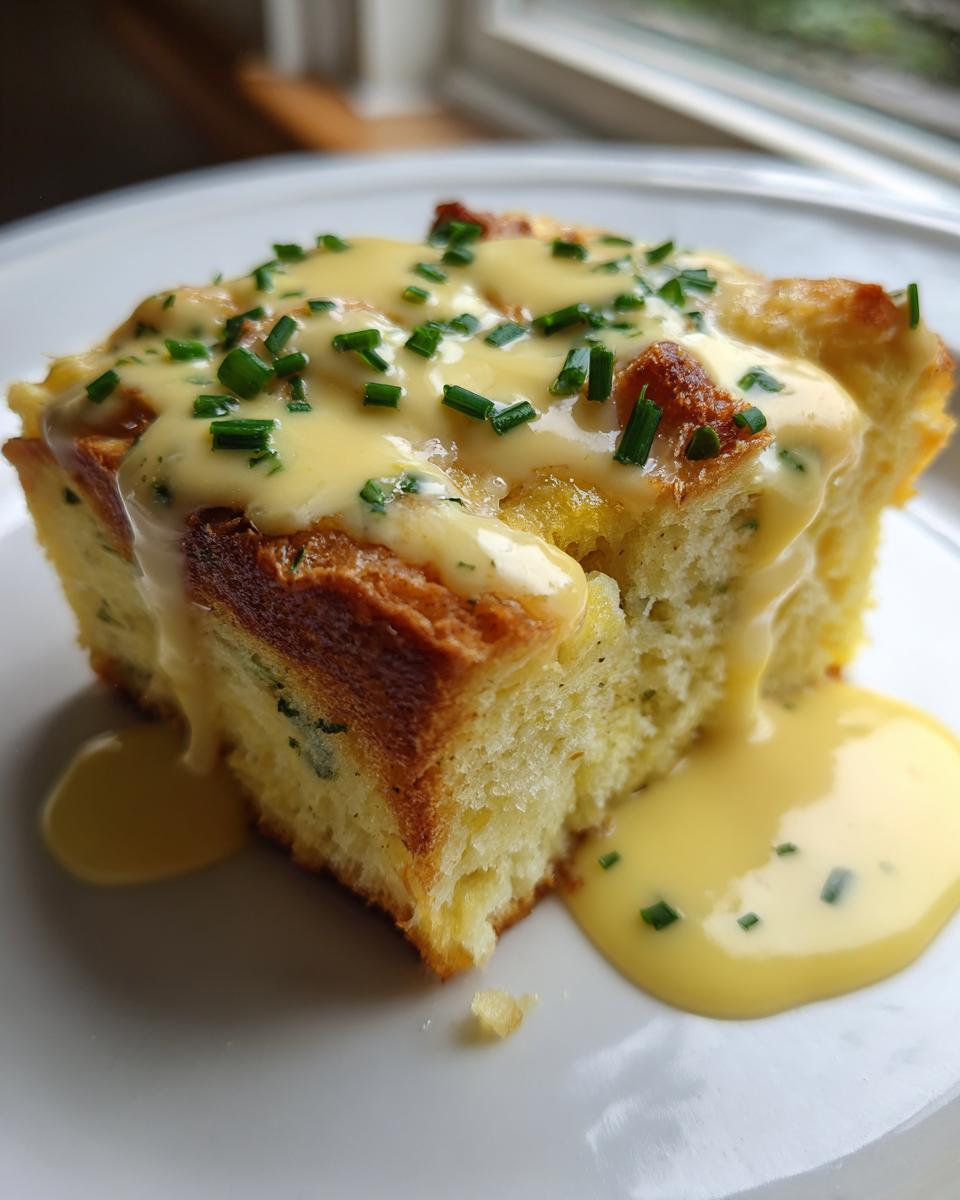 A square serving of eggs benedict casserole topped with creamy hollandaise sauce and fresh chives.