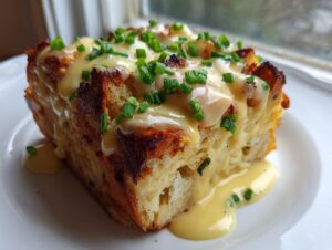 Close-up of a square serving of eggs benedict casserole, topped with rich hollandaise sauce and fresh chopped chives.