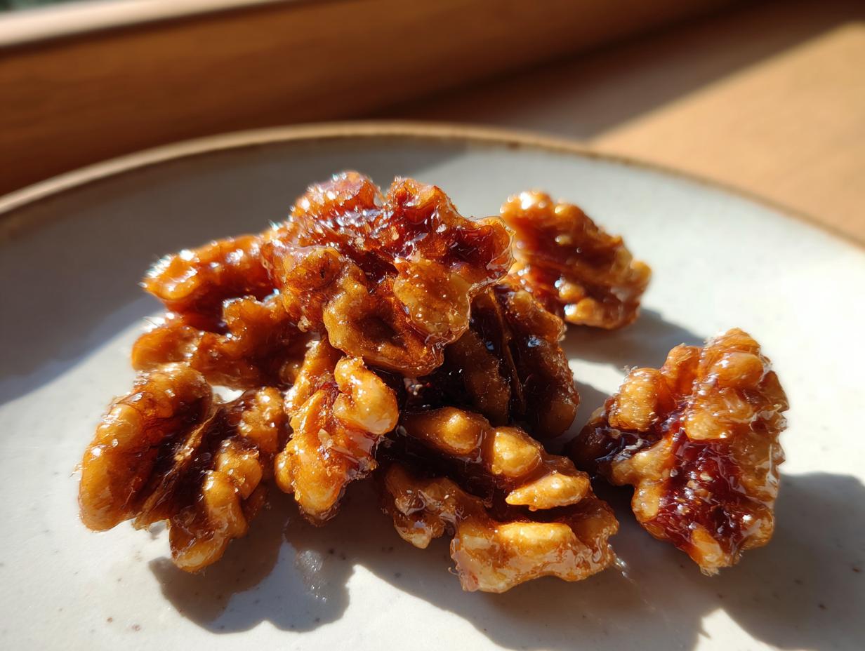 A close-up of several glossy, caramelized candied walnuts piled on a light-colored ceramic plate.