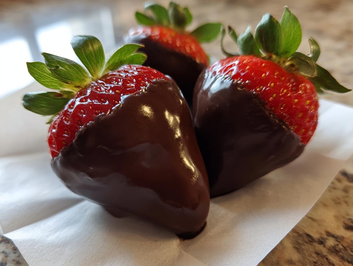 Close-up of three fresh, bright red strawberries partially dipped in glossy dark chocolate, showcasing the perfect chocolate covered strawberries technique.