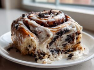 A decadent, single serving of oreo cinnamon rolls covered in thick white icing and crushed Oreo pieces.